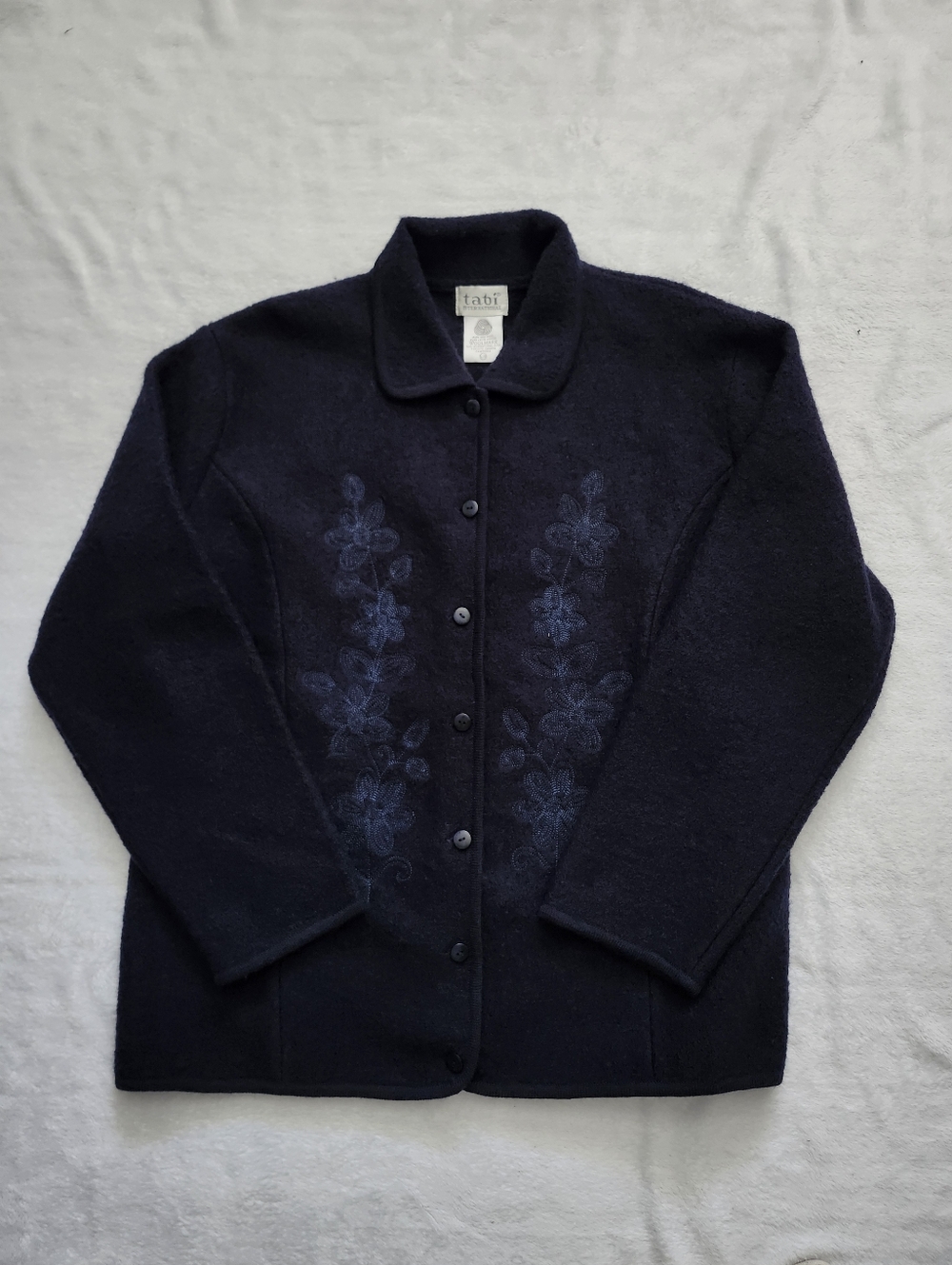 VINTAGE TABI Women's Size Large Wool Cardigan Jacket Navy Artistic Embroidery